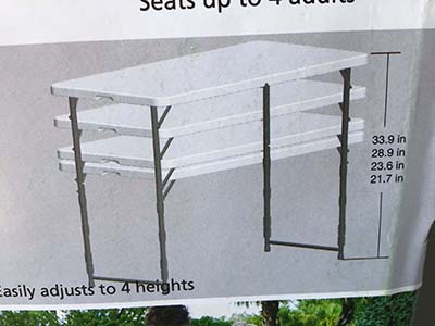 4 foot rectangle tables (adjustable, 4 heights; Mainstay)