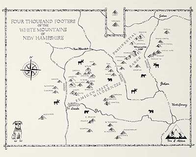 map of 4000 ft. peaks in White Mountains of New Hampshire from book Following Atticus