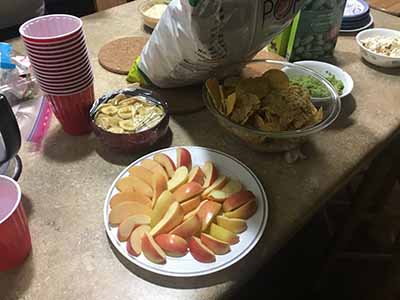 sliced appled, chips, guacamole