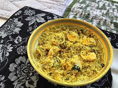 Indian rice dish with boiled eggs and saffron