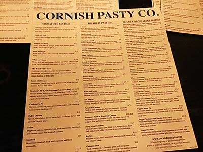 Cornish Pasty Co. menu at restaurant