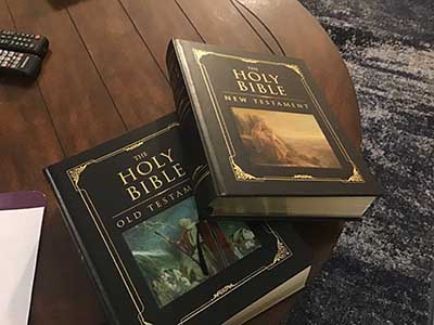 Bibles at Bible study meeting at the home of Bob