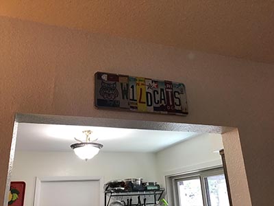 Wildcats license plate on wall at Meow-Mixer cat-lovers potluck lunch event