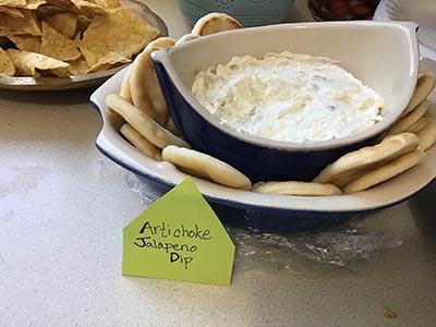 artichoke jalapeno dip at Meow-Mixer cat-lovers potluck lunch event