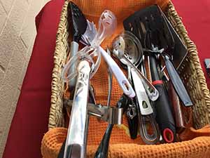 neighbors gather at for Thanksgiving Day potluck dinner