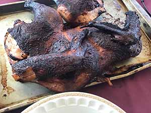 neighbors gather at for Thanksgiving Day potluck dinner
