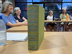 Tempe area neighbors at book club meeting in Tempe Public Library discussing the novel Hamnet